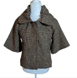 Avant Garde Neutral Nubby Birdseye Puffy Collar Short Sleeve Cropped Blazer Sz S